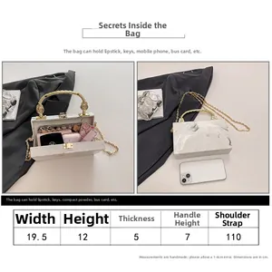 Detailed size chart for the marble pattern acrylic clutch bag with strap measurements