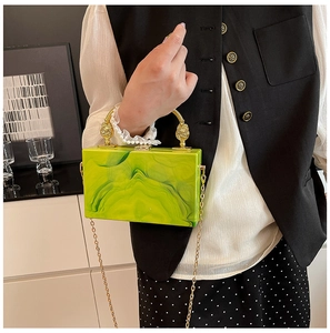 Macro view of green marble acrylic clutch bag with gold lion head handle and chain strap