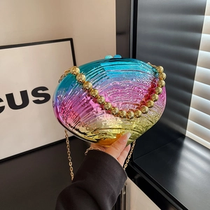 Colorful gradient shell acrylic evening clutch bag with gold bead handle and chain strap