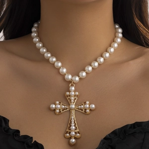 Baroque Faux Artificial Pearl Cross Pendant Necklace Alloy Hollow Rhinestone Choker For Women Wedding Party Jewelry Gold Silver
