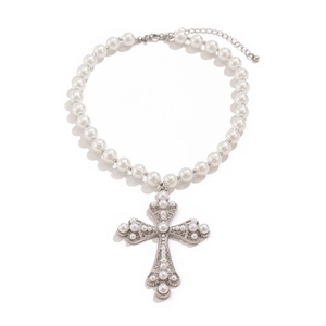 Elegant multi-layer faux pearl choker necklace featuring a vintage silver cross pendant