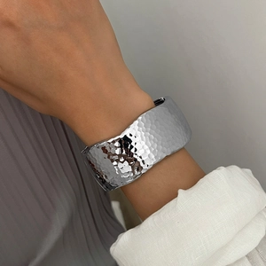 Silver hammered texture cuff bracelet for women featuring an elegant wide open design