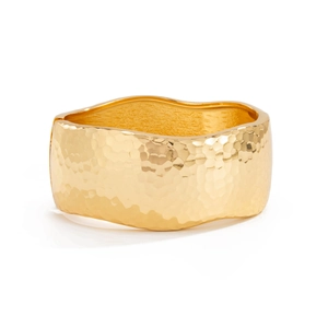 Wide gold plated alloy bangle with textured honeycomb hammered finish and wavy edges