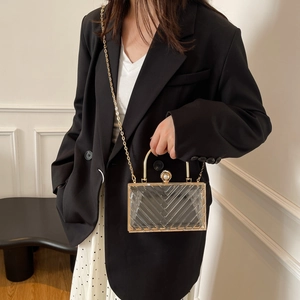 Detail einer transparenten Acryl-Clutch mit großem Perlenverschluss und Goldkette