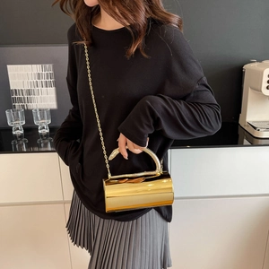 Golden cylindrical acrylic evening bag with snake handle and chain strap on model