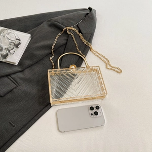 Detail der klaren Acryl-Clutch mit goldener Griffe und Perlenverschluss auf Stoff