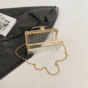 Detail der transparenten Acryl-Clutch mit Goldrahmen und großem Perlenverschluss