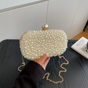 Artificial Pearl Evening Clutch Bag Faux Artificial Pearl Beaded Hard Shell Wedding Party Purse With Gold Metal Chain Elegant Women Handbag