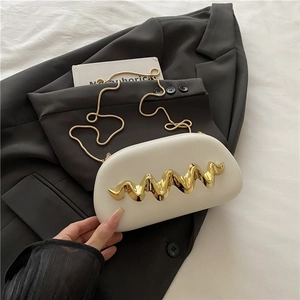Fashion Women's PU Leather Box Evening Bag With Golden Wave Metal Decor Chain Crossbody Clutch For Party Wedding Banquet Small Handbag
