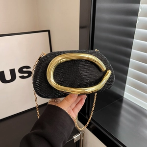 Elegant black rhinestone clutch bag with gold C-handle and chain strap for evening parties