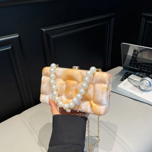 Vintage Acrylic Box Evening Clutch Bag With Faux Artificial Pearl Handle And Metal Chain Strap For Women Party Wedding Fashion