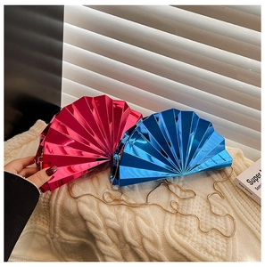Chic fan-shaped acrylic evening clutches in metallic pink and blue with gold chain straps