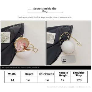 Detailed size chart for white spherical evening bag with 14cm diameter and chain