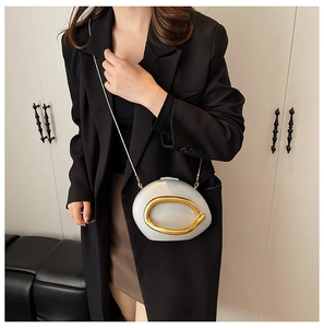 Detail of white sculptural acrylic clutch bag with large gold metal loop and chain strap
