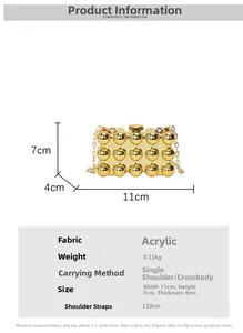 Detail view of gold acrylic evening clutch with dimensions and spherical texture
