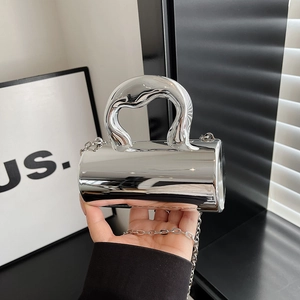 Silver mirror finish mini cylinder handbag with fluid handle and metal chain strap