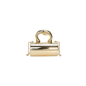 Elegant gold metallic mini cylinder handbag with unique handle and detachable chain strap