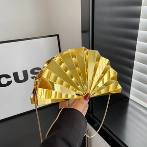 Acrylic Metallic Fan Shaped Evening Clutch Bag Mirror Finish Pleated Handbag With Chain Strap