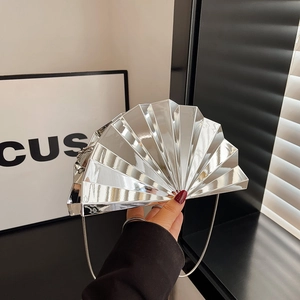 Silver fan-shaped acrylic clutch bag with mirror finish and elegant metal chain strap