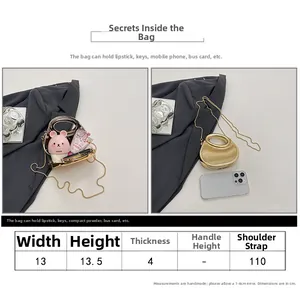 Size guide for acrylic gold evening bag showing dimensions and chain strap length