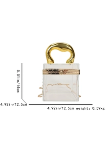 Detailed view of clear acrylic box bag with gold metal handle and dimensions display