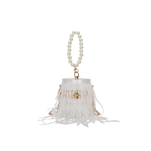 Elegant white ostrich feather evening bag with pearl handle and gold chain strap