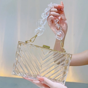 Transparent acrylic clutch bag with geometric V-texture and gold metal chain strap