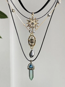 Detailed layered necklace set featuring crystal pendant, gold star, and beaded chains
