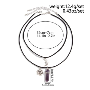 Detail showing bohemian sun and moon double layered necklace with purple crystal pendant