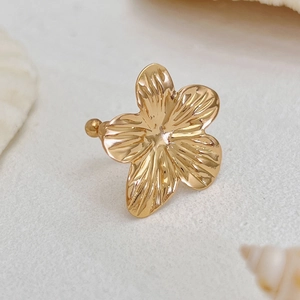Macro detail of golden starfish ear cuff with fine textures and shell background