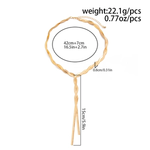 Detailed view of golden flat snake bone chain necklace with dimensions and size markers