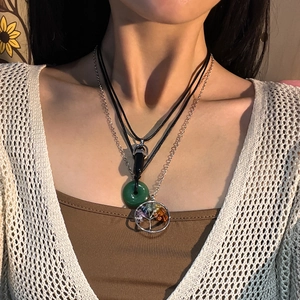 Three-layer bohemian necklace set with crystal pendants and silver tree of life charm