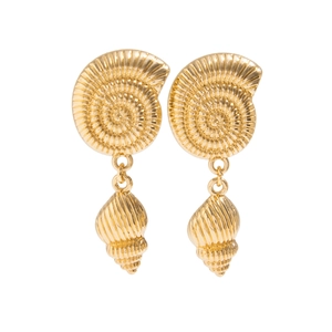 Golden sea shell and conch drop earrings featuring polished nautilus shell design