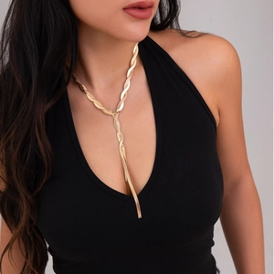 Elegant gold Y-shaped necklace with double-twisted snake chain tassels for women