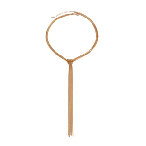 Three-layer gold Y-shaped fringe necklace featuring minimalist metallic chains and beads