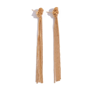 Elegant long gold tassel earrings with intricate metallic wire knot details and fringes