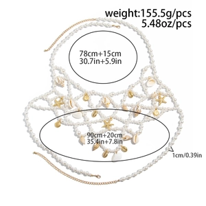 Detailed size measurement chart for multilayer faux pearl body chain with seashells