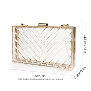 Macro view of clear acrylic clutch showing chevron facets and dimensions 18x11.5x5.5cm