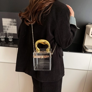 Modern transparent acrylic cylinder box bag with gold handle shown on a model