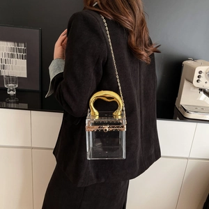 Chic transparent acrylic box bag featuring bold gold handle and elegant chain strap