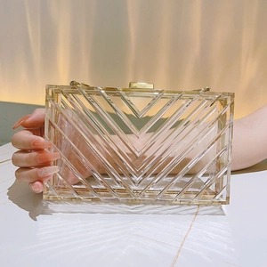 Detail view of transparent acrylic clutch featuring V-shaped grooves and gold clasp
