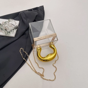Detail of transparent acrylic cube bag with chunky gold handle and metal chain strap