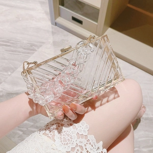 Chic clear acrylic rectangular clutch bag with gold trim and V-pattern textured finish