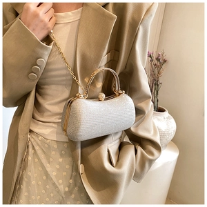Silver glitter evening clutch with gold metal handle and chain shown on model