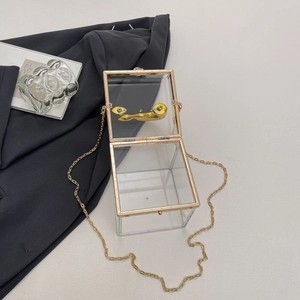 Detail of open acrylic box bag with golden metal frame and removable chain strap