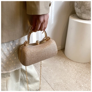 Detail of champagne gold glitter evening bag with round metal handle and珠扣锁 clasp