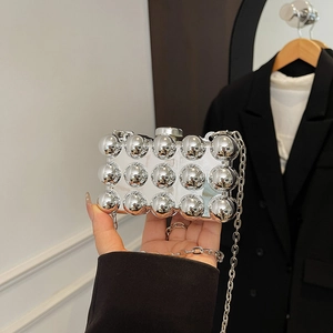 Mini silver metallic box clutch with 3D sphere embellishments and fine chain strap