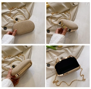 Detailed views of a champagne sequin evening clutch with gold metal handle and bow clasp