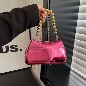 Chic pink metallic acrylic clutch with golden bead handle and crossbody chain
