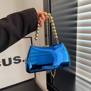 Blue mirrored acrylic evening clutch bag with golden bead handle and crossbody chain